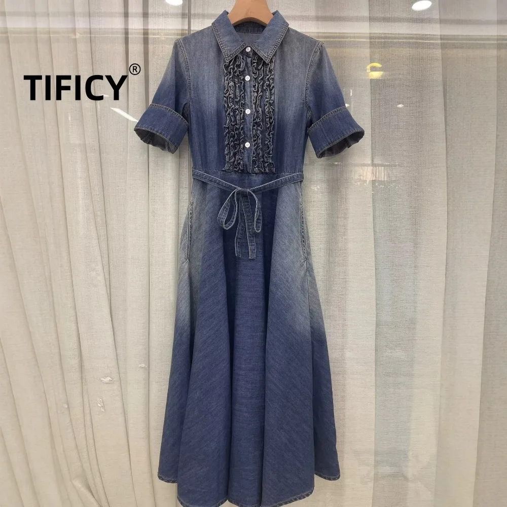 High Street Jean Dresses Women's Summer New Heavy Industry Pure Cotton Positioning Washed Denim Ruffled Large Swing Dress