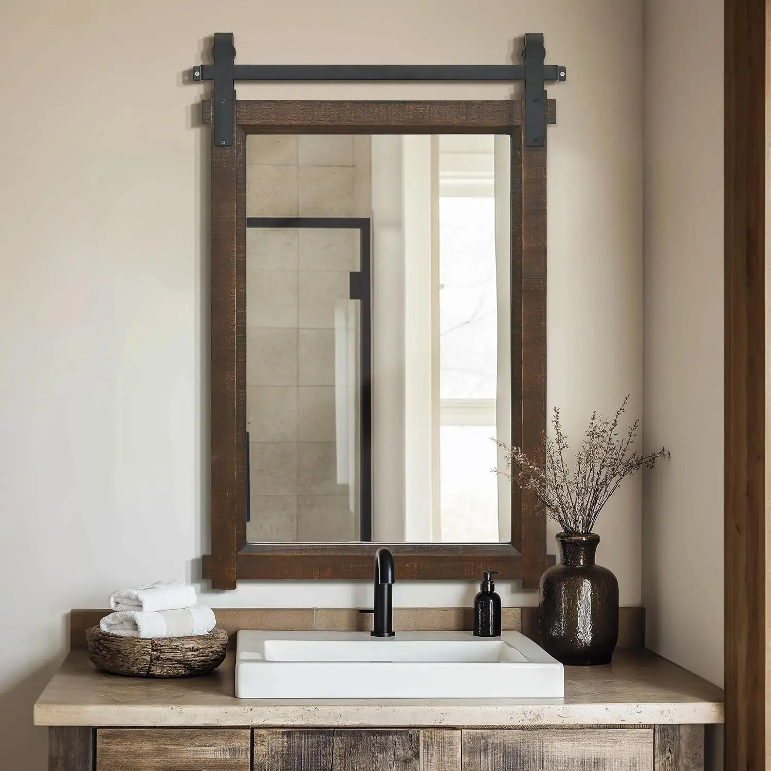Rustic Brown 24X36 Barn Door Vanity Mirror Solid Wood Frame No Assembly Decor Space Bathroom Entryway Living Room Sink Remodel