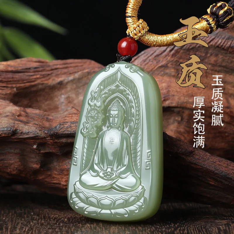 Natural Hetian Jade Lake Green Sakyamuni Pendant Zodiac Guardian Pendant Necklace for Men and Women Gifts
