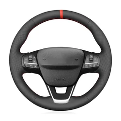 Black Faux Leather Steering Wheel Cover For Ford Focus Kuga Puma Bronco Fiesta Escape Tourneo Transit Custom Maverick 2017-2024