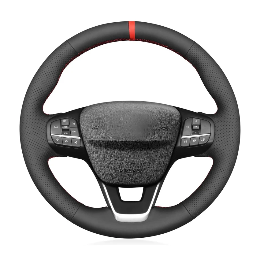 Black Faux Leather Steering Wheel Cover For Ford Focus Kuga Puma Bronco Fiesta Escape Tourneo Transit Custom Maverick 2017-2024