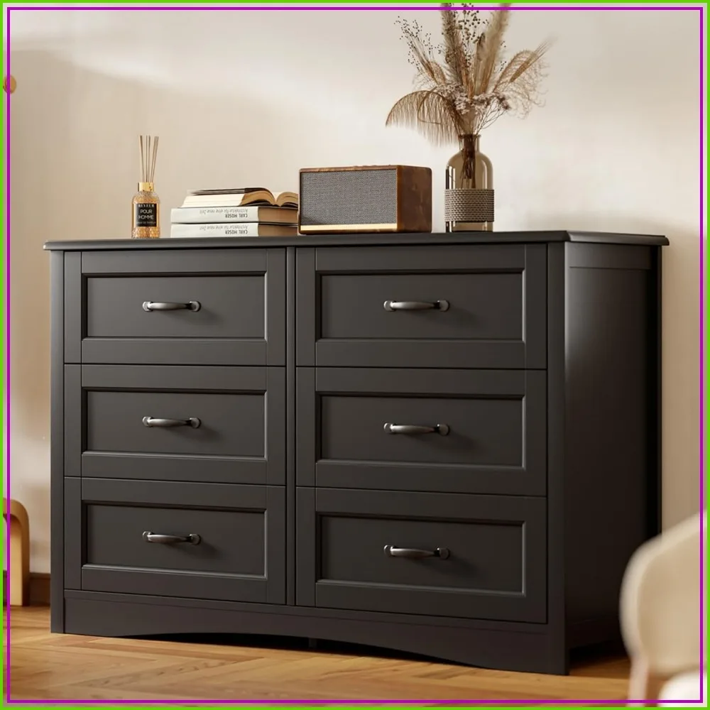 47 Inch 6 Drawer Dresser for Bedroom, Black Wide Chest of Drawers