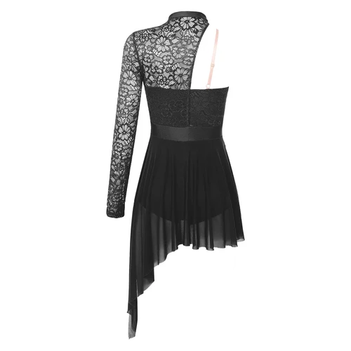 Imagen 2 del producto Vestido de baile moderno lírico de manga larga para mujer, leotardo de patinaje, vestidos de encaje para mujer, tutú de malla dividido, Ropa de baile de Ballet