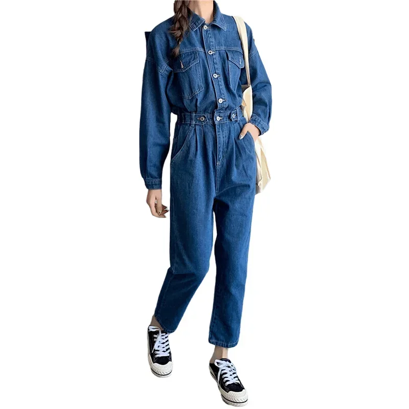 Streetwear Style Women Denim Overalls Pants Spring Autumn Long Sleeve Bodycon Jeans Romper Wide Leg Jumpsuits High Waist