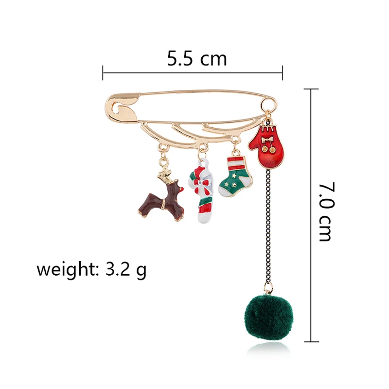 Christmas Brooch Pins Santa Claus bell Elk reindeer tree snowman safety pin Hairball tassels Brooches for Women New Year Jewelry