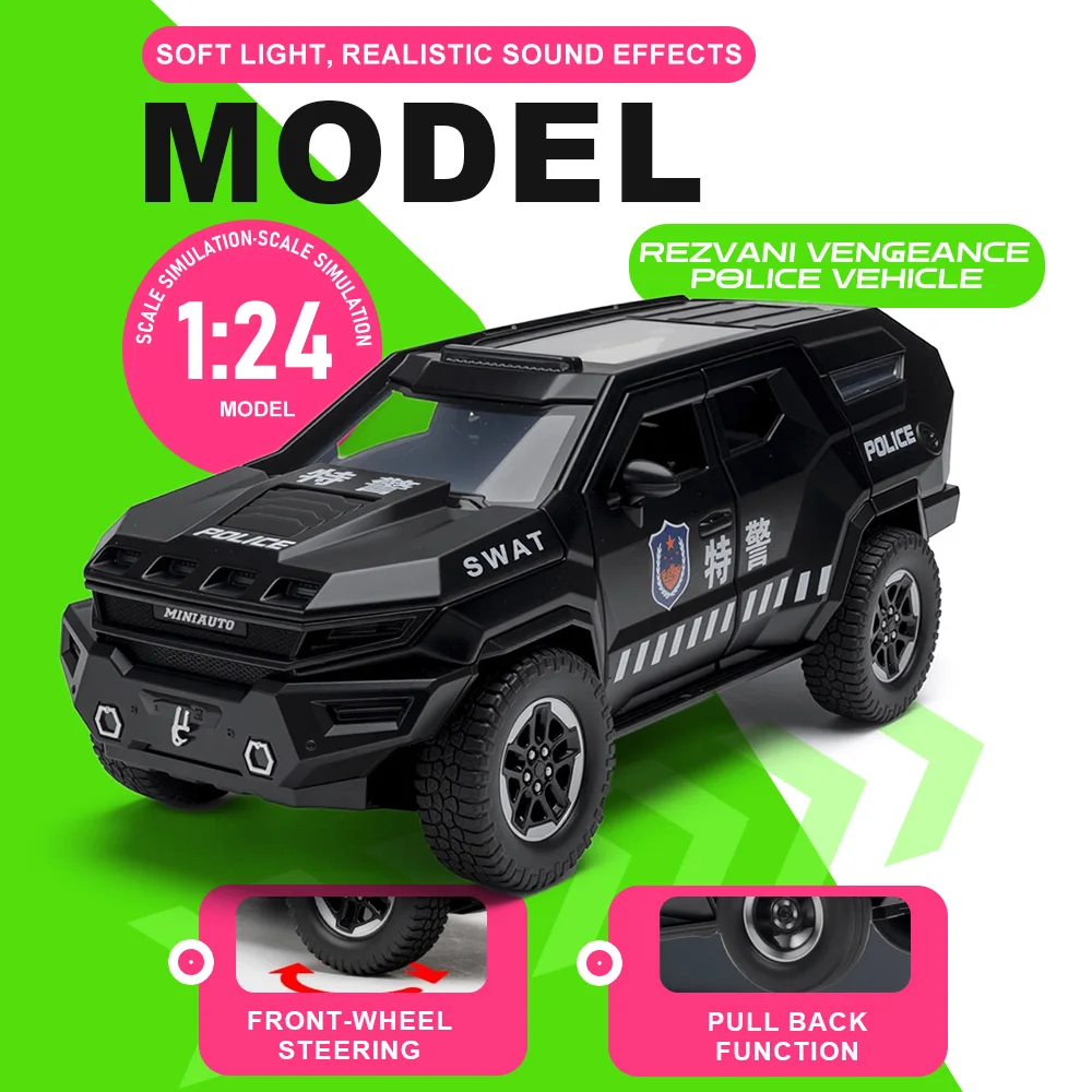 

Машинка-модель Rezvani Motors Tank 300, масштаб 1:24, полицейская, из сплава, с открывающимися дверями, откатным механизмом, звуком и светом, внедорожник, для декора