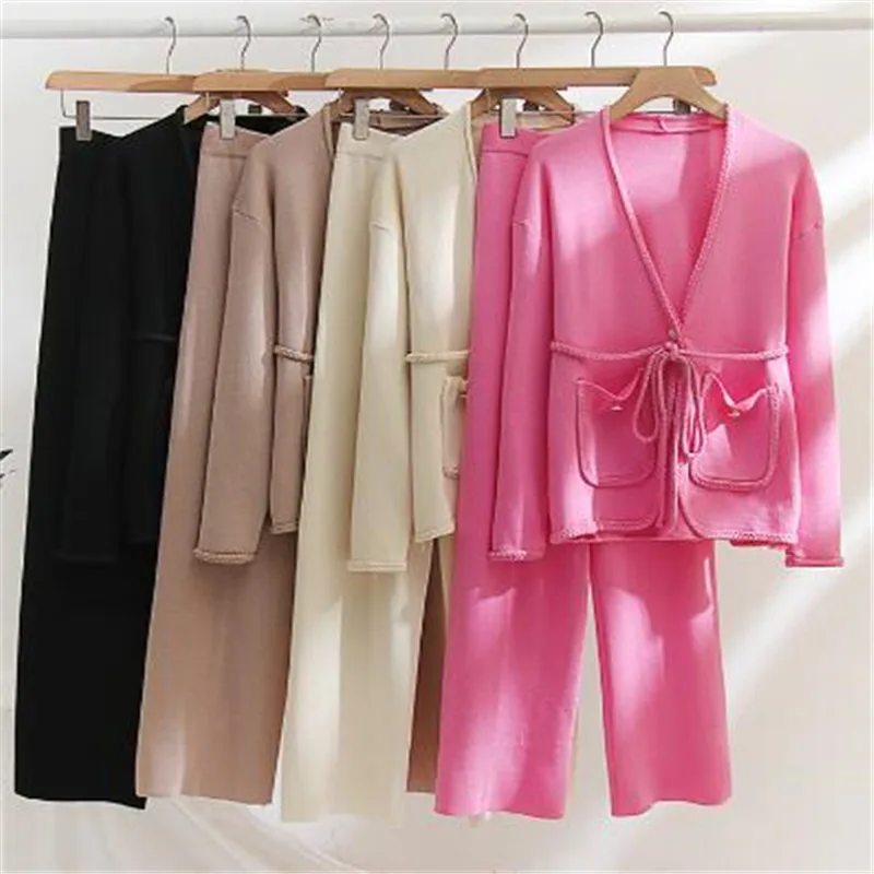 Spring Autumn Knitted Suits Women Long Sleeve Sweater and Wide leg Pants Sets Outwear Loose Lace Up Cardigan Outfits Sets