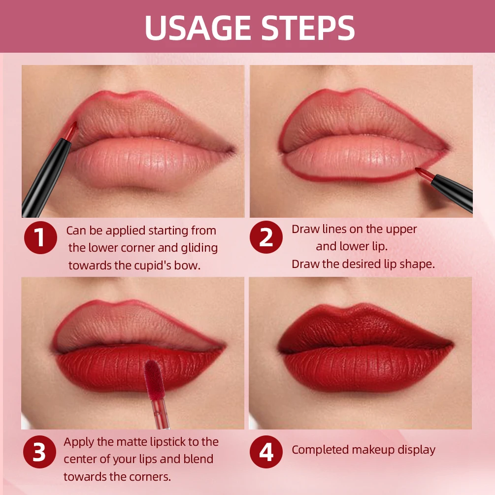 3 Colors Double-end Lipgloss Lipliner 2 In1 Lip Makeup Sets Waterproof Long-lasting Matte Nude Red Lip Pencil Lipliner Lipstick