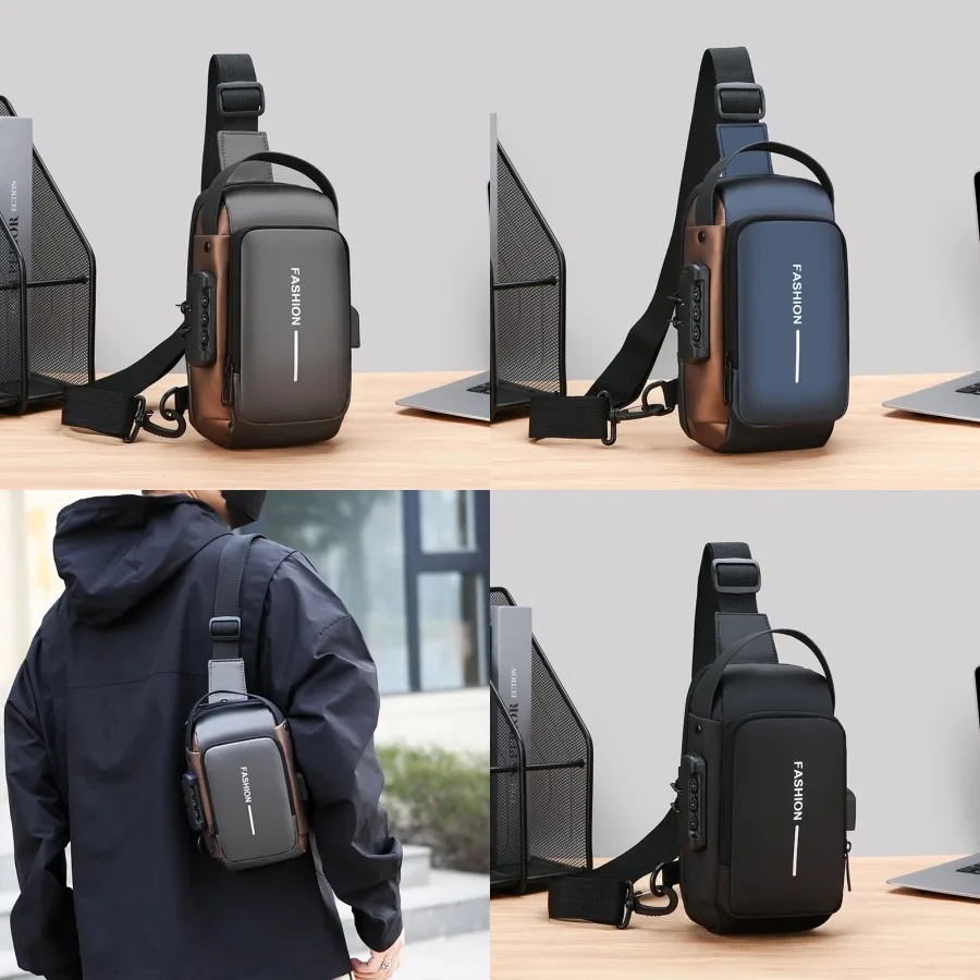

【New style】Multi-functional combination lock fashionable chest bag men large-capacity portable commuter mobile phone -body bag