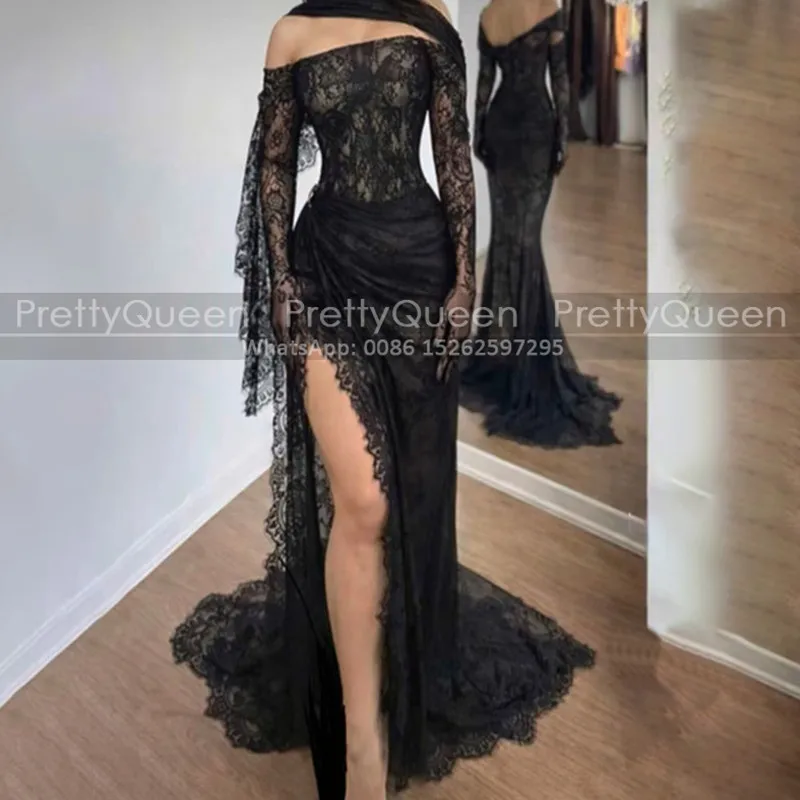 Black Lace Prom Dresses High Split Mermaid One Shoulder Sheer Long Sleeves Customized Plus Size Women Evening Dress