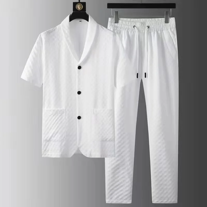 2024 Summer New Fashion Suit Men's Short Sleeve High end Quality Casual Set Korean Edition Casual Two Piece Set Ice Silk Cool