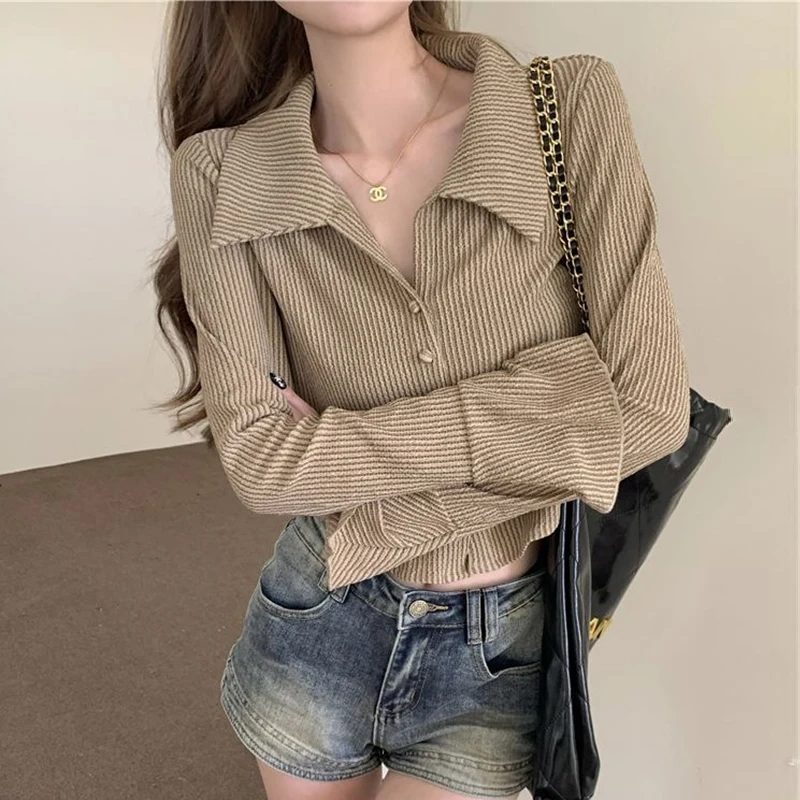 Spring Autumn Polo-neck Striped Print Short Shirt Ladies Flare Long Sleeve Crop Top Women Single Breasted Slim All-match Blouse