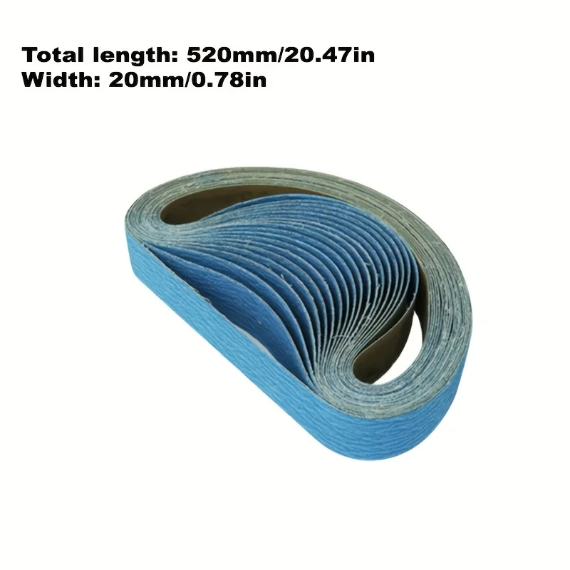 10/20 قطعة حزام غطى بالرمل، 20 × 520 مم، 40/60/80/120 حبة، زركونيا اكسيد الالمونيوم للخشب والمعادن والفولاذ المقاوم للصدأ والسيارات والفو