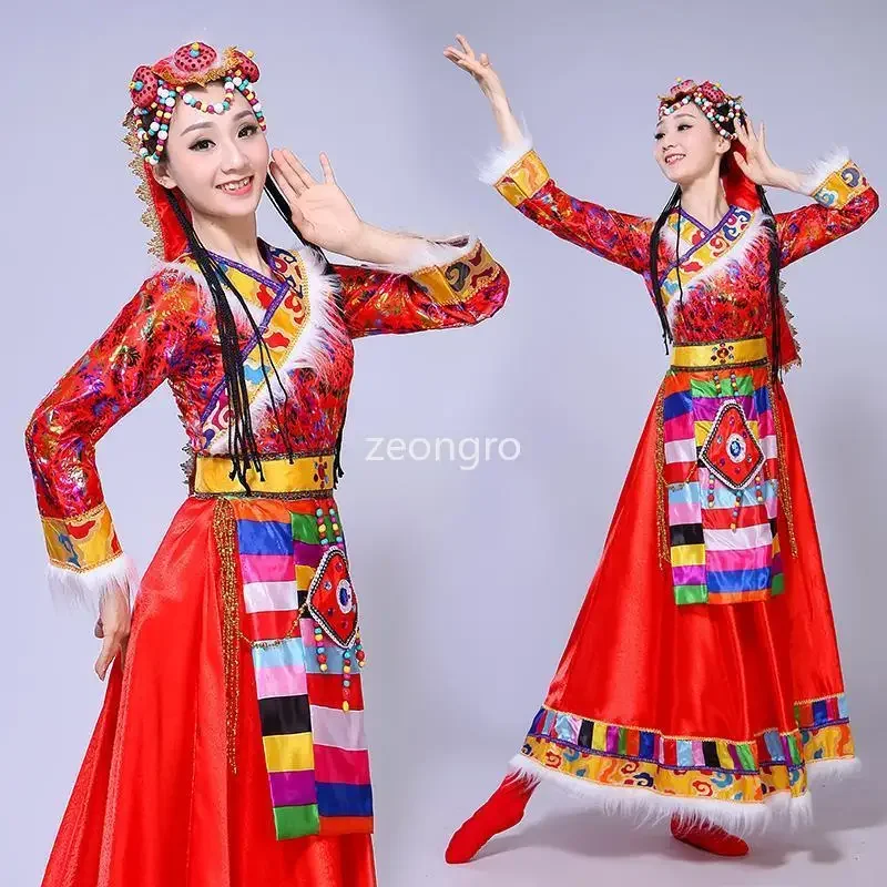 

New Tibetan Dance Women Dress Ethnic Style Large Skirt Square Dance Performance Dress Adult Long Skirt Sleeve Dress Female