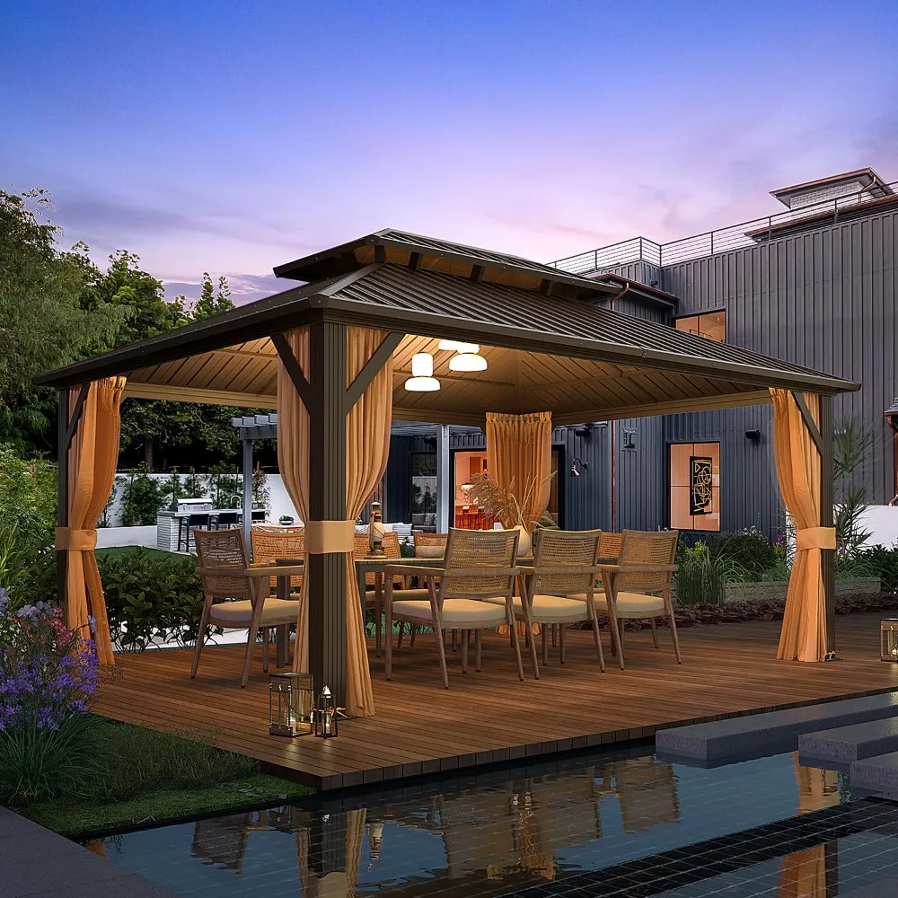 

12' X 16' Hardtop Gazebo with Galvanized Steel Double Roof, Aluminum Pergolas Frame, Curtains and Netting Included, Customized
