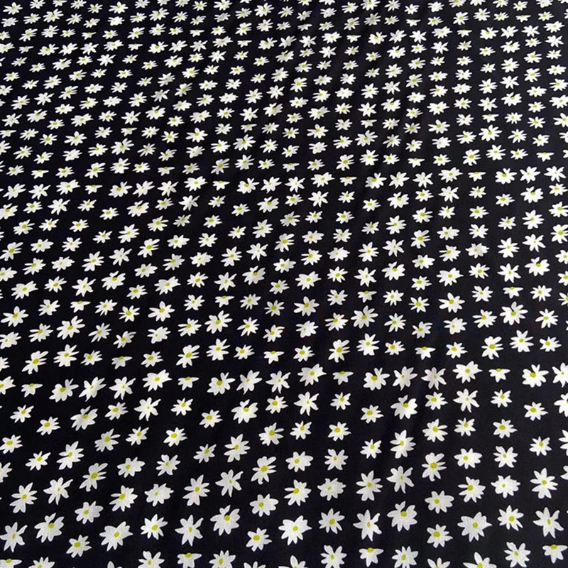 114CM Wide 16mm Small White Floral Printed Thin Black Silk Crepe de Chine Fabric for DIY Sewing Dress Pants Pajamas C001-58