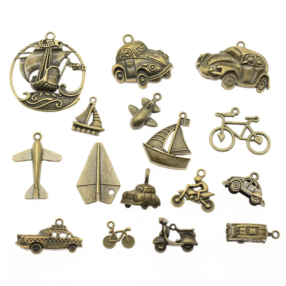 WYSIWYG 40g Antique Bronze Color Zinc Alloy Random Mix Styles Transportation Boat Airplane Bike Car Charms For Jewelry Making