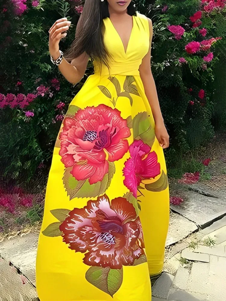 

Yeezzi 2025 New Women Floral Printed Party A-Line Dress Maxi Dresses Summer Sleeveless High Waist Elegant Evening Maxi Dresses