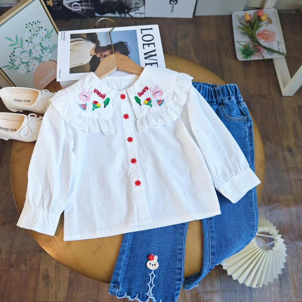 

2024 Spring Autumn New Clothing Women's Treasure Cute Big Flip Collar Shirt And Jeans Set