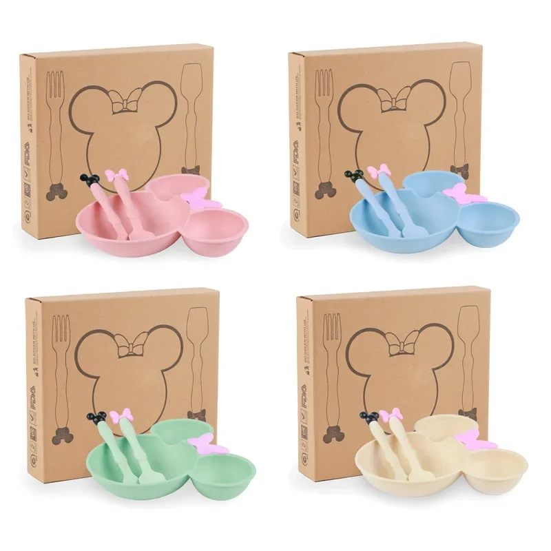 4 pçs disney mickey mouse bebê dividido placa de comida complementar para crianças pratos de jantar colher conjunto meninas louça talheres