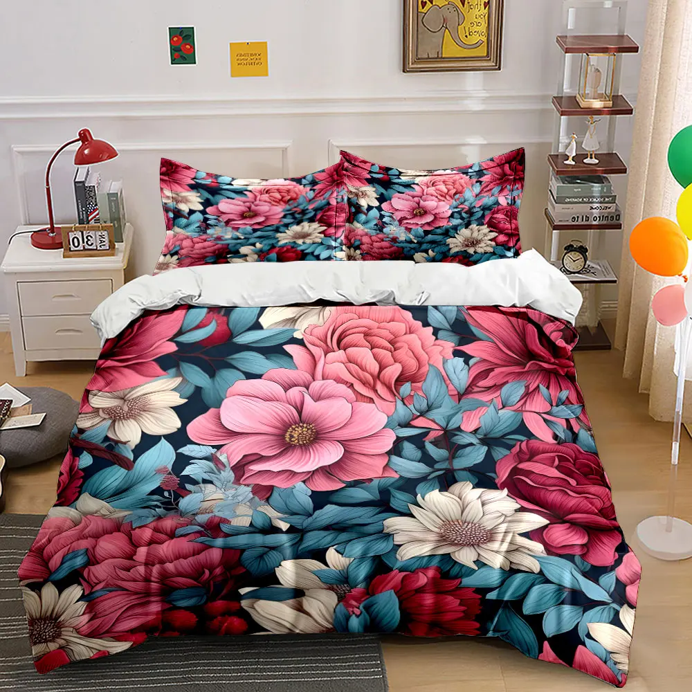 Vibrant floral illustration Print Bedding set 3PC 1 duvet cover 2 pillowcases adult and children bedding set Luxury gifts
