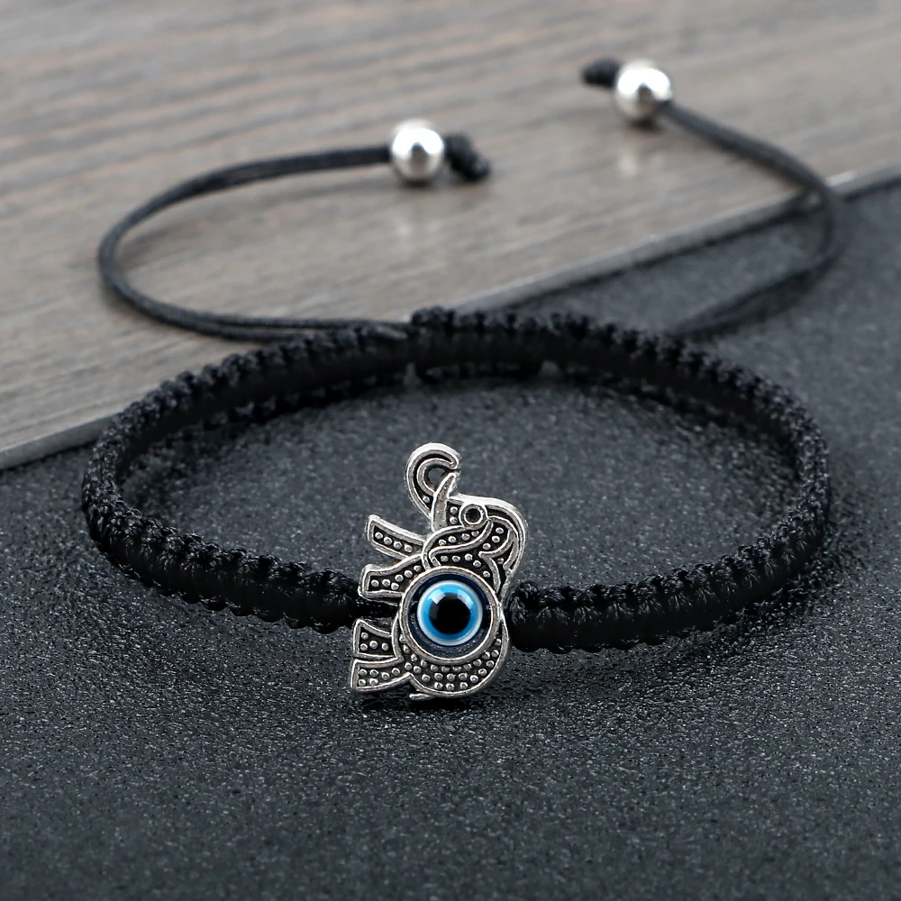 Retro Lucky Elephant Evil Eye Pendant Braided Bracelet Women Men Nylon Thread Couple Bracelet Adjustable Friendship Jewelry Gift