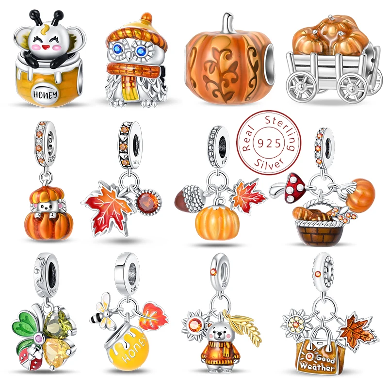 

S925 стерлингового серебра романтические осенние подвески бусины тыква кленовый лист пугало урожай кулон 3 мм DIY ювелирные аксессуары
