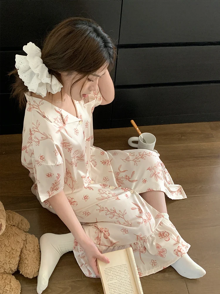 

Летний комплект одежды из ледяного шелка, женская повседневная одежда с милым принтом для отдыха на открытом воздухе, домашняя одежда из ледяного шелка ort Sve Midi Dr