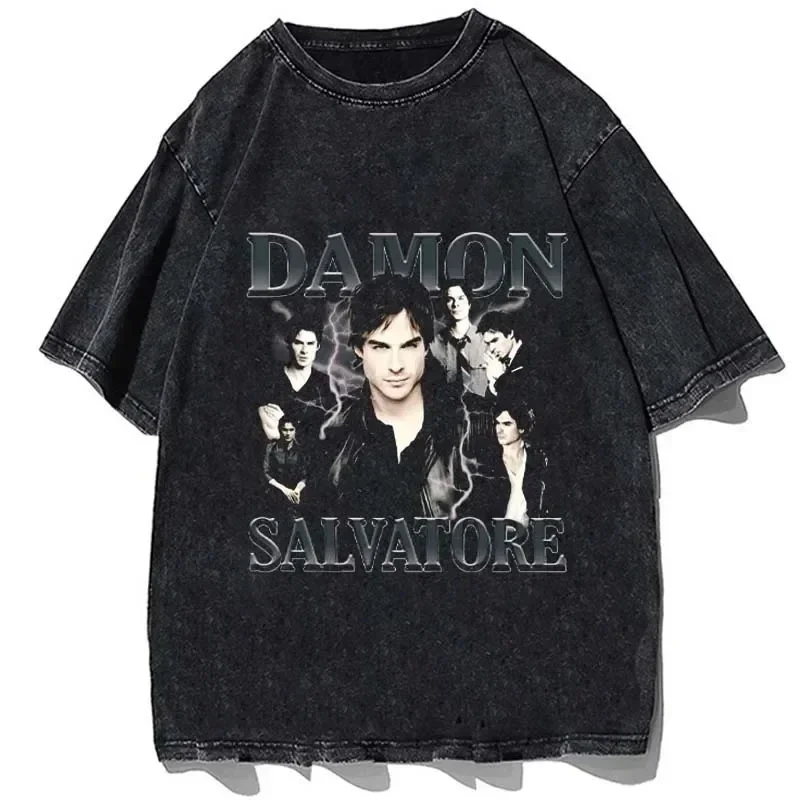 

25 Hot Top Fashion Damon Salvatore Vintage Wash Ian Somerhalder Women's T-Shirt Street Wear Manga Short Sleeved Casual Harajuku