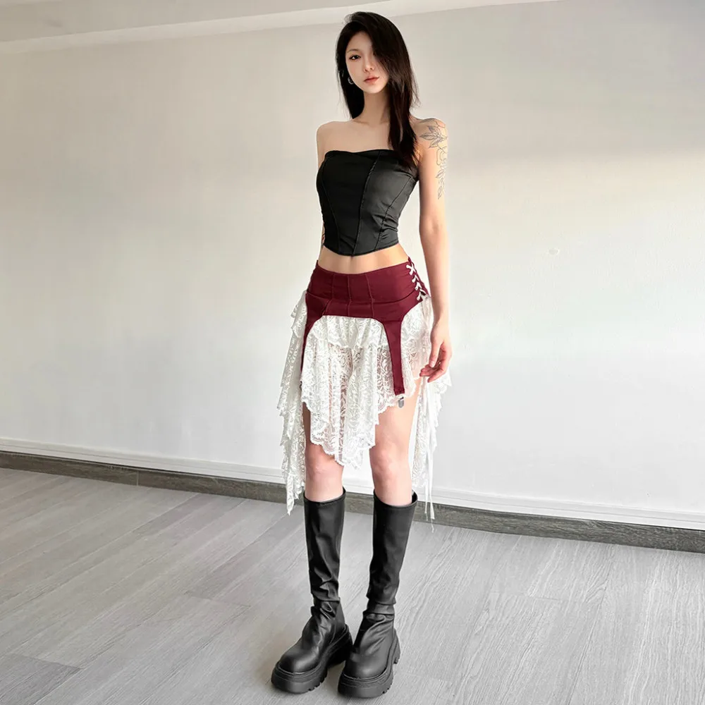SylCue Contrast Patchwork Skirts Women High Waist Irregular Mesh Ribbon Street Fashion Sweet Style Elegant Skinny Mini Bottoms