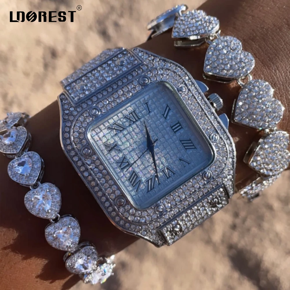 Men Women Iced Out Roman Quartz Watches Full Rhinestone Paved Watch+Bracelet Set Heart Tennis Bracelet Hip Hop Jewelry Gifts