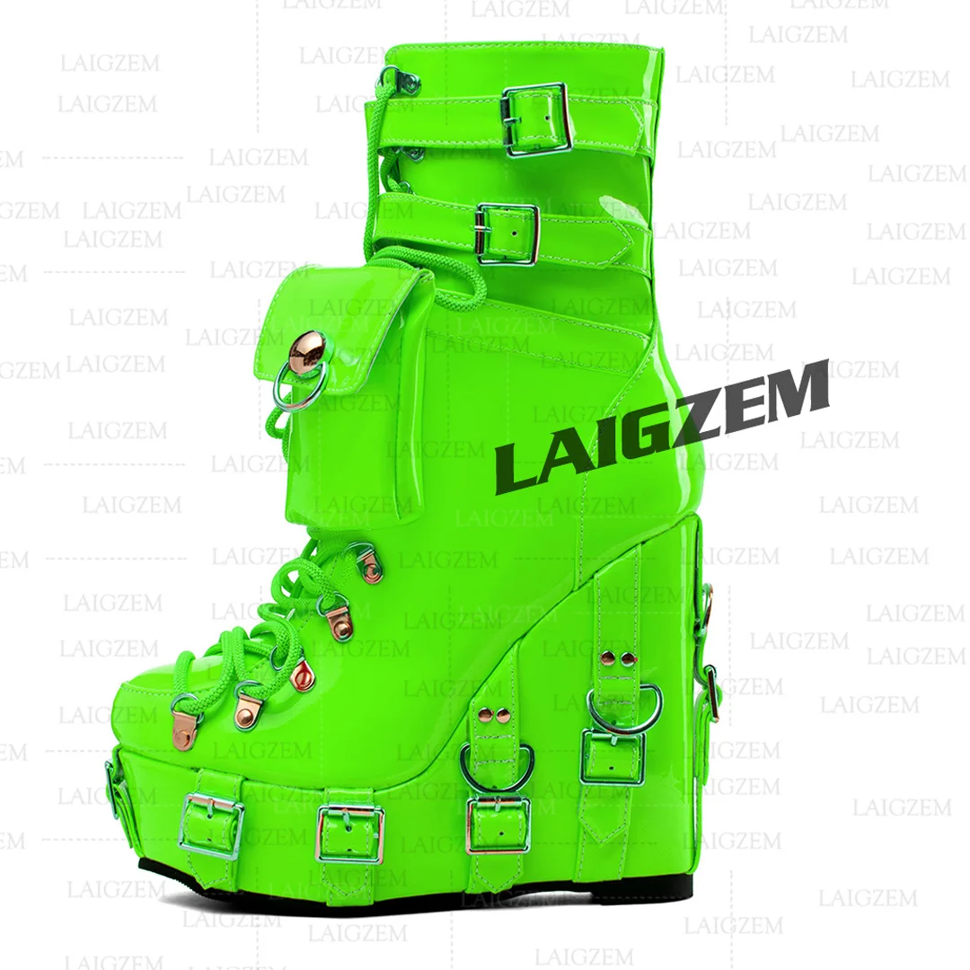 LAIGZEM Women Ankle Boots Platform High Heels Zip up Shiny Boots Punk Gothic Ladies Handmade Shoes Woman Big Size 39 43 47 52