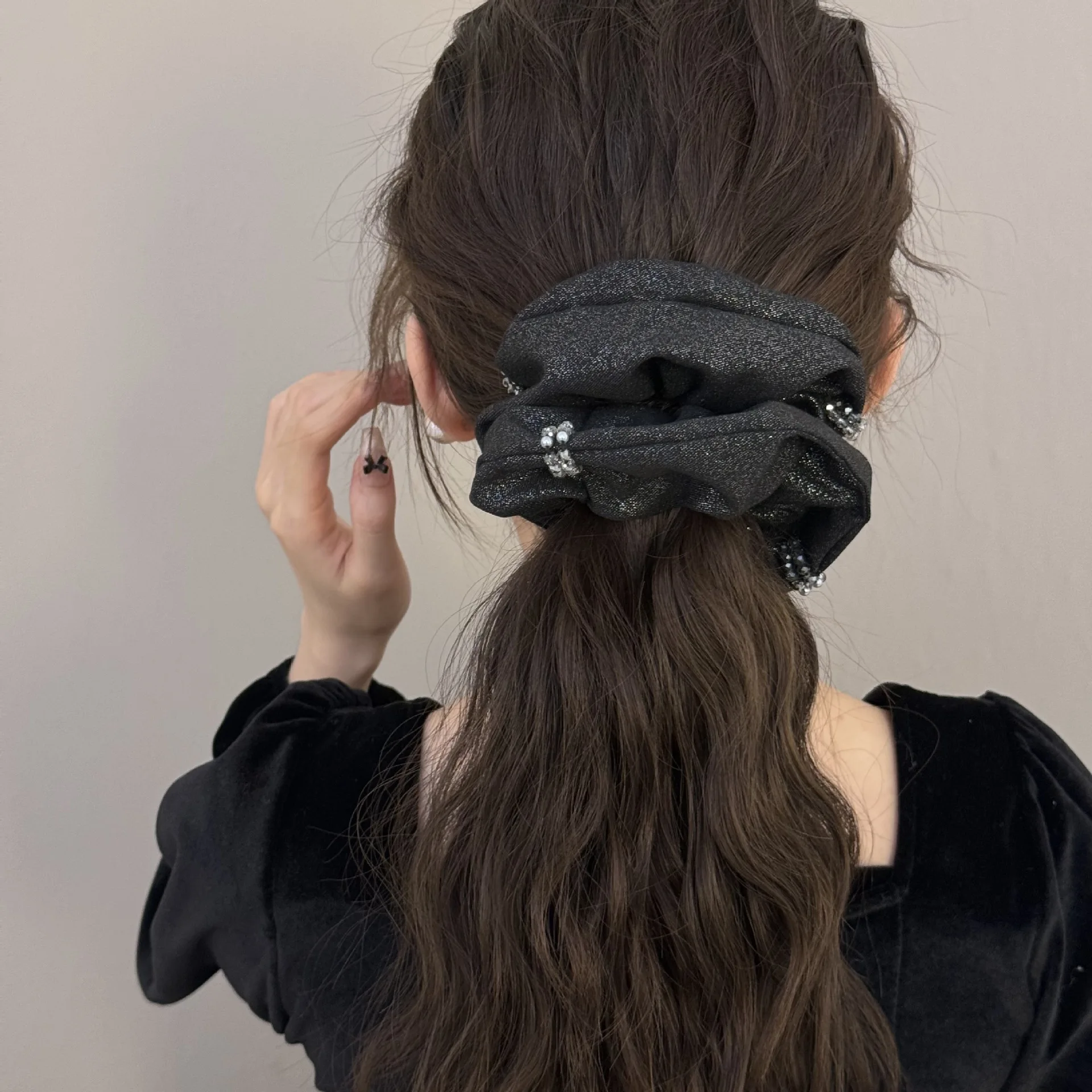 Fashion Women Black Gray Hair Scrunchies Vintage Crystal Bowel Ring Elegant Hair Ties Simple Ponytail Holder Head Bands