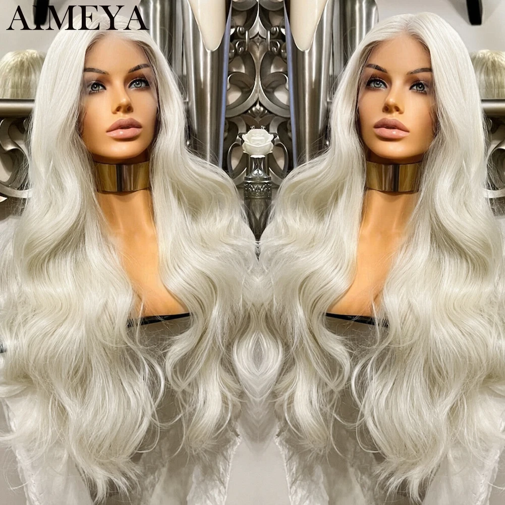 

AIMEYA Synthetic Lace Front Wig #60 Long Body Wave Middle Part Heat Resistant Fiber Synthetic Platinum Blonde Lace Wigs For Wome