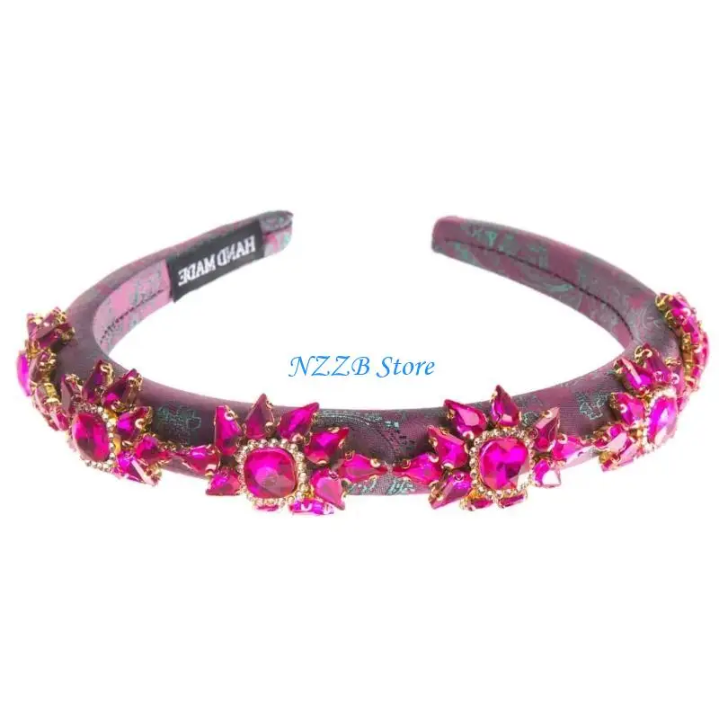 

T21F Elegant Embroidery Headband for Female Rhinestones Flower Hairband Wedding Hairhoop Nonslip Hairband Hair Decors