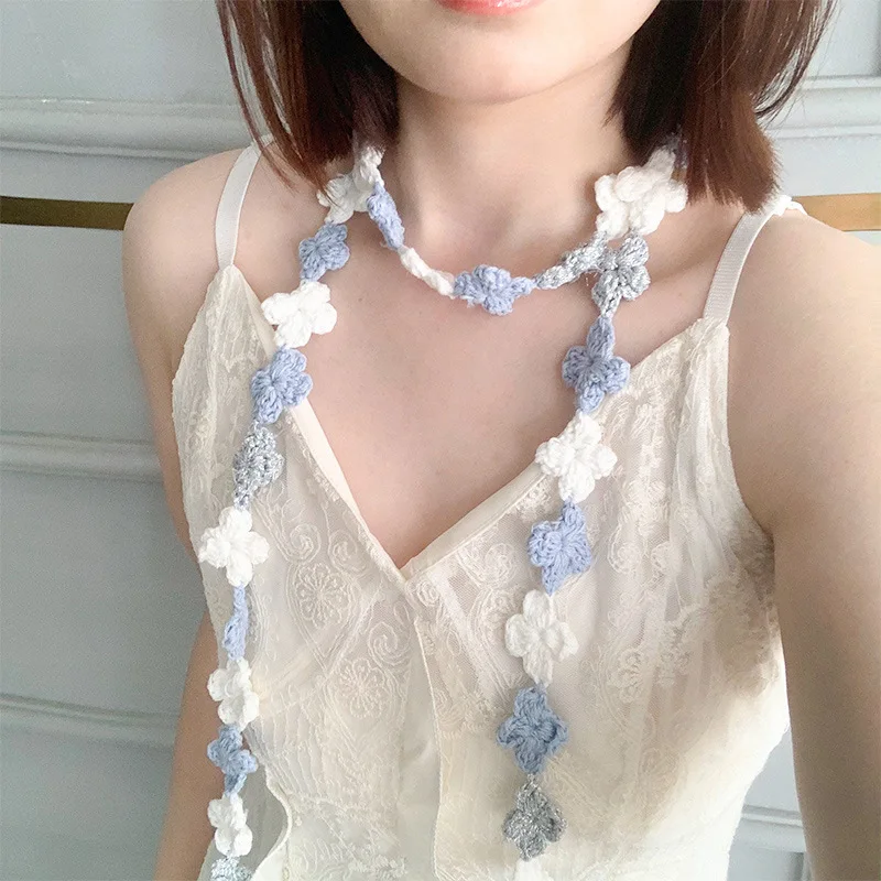 

Flower hand-knitted hook-flower Silk Scarf Women high-end Style Summer Niche Narrow Neckline Accessory Ribbon SJ3