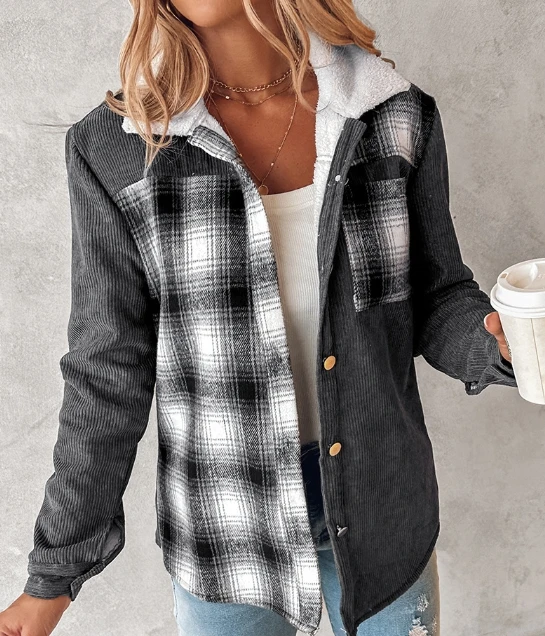 Winter Women's Casual Warm Outer Plaid Patchwork Corduroy Contrasting Coat Jackets for Women