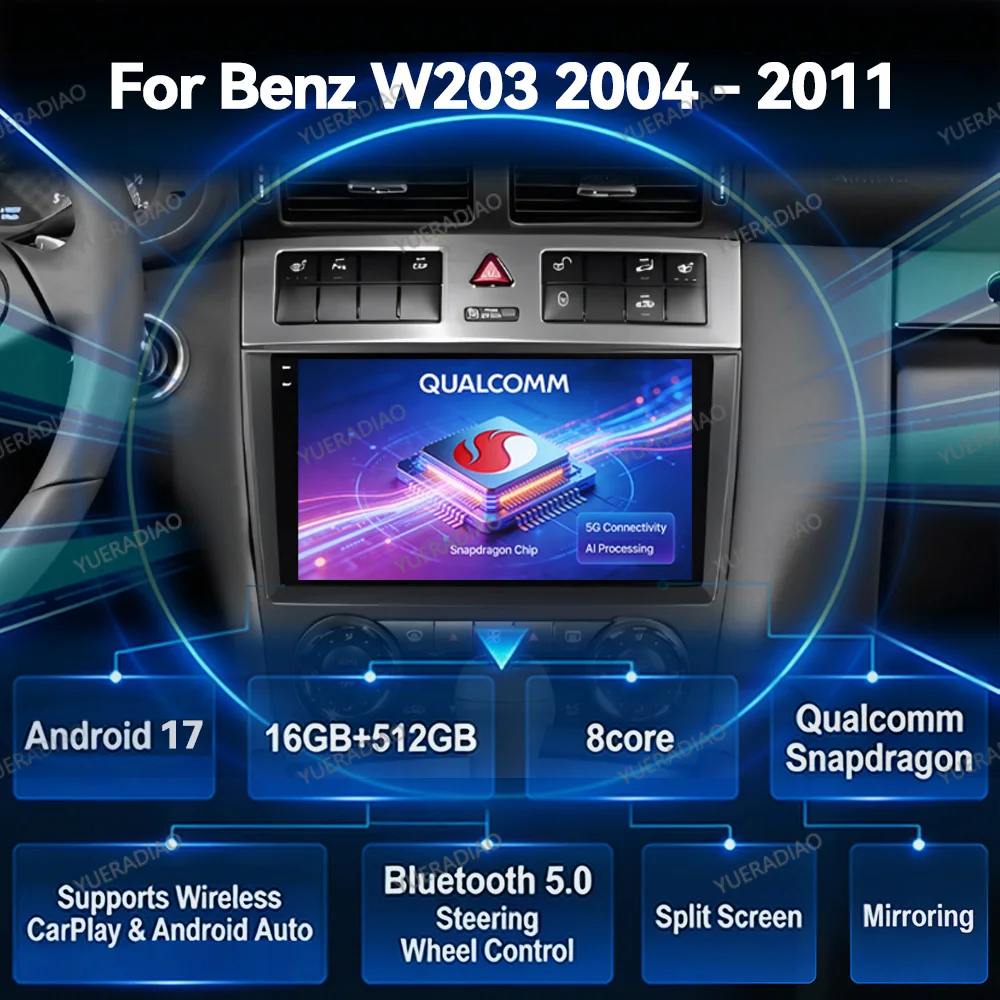 Android 17 Autoradio für Mercedes Benz C-Klasse W203 W209 C180 C200 CL203 C209 A209 2004 - 2011 GPS NAVI 2DIN QLED BT