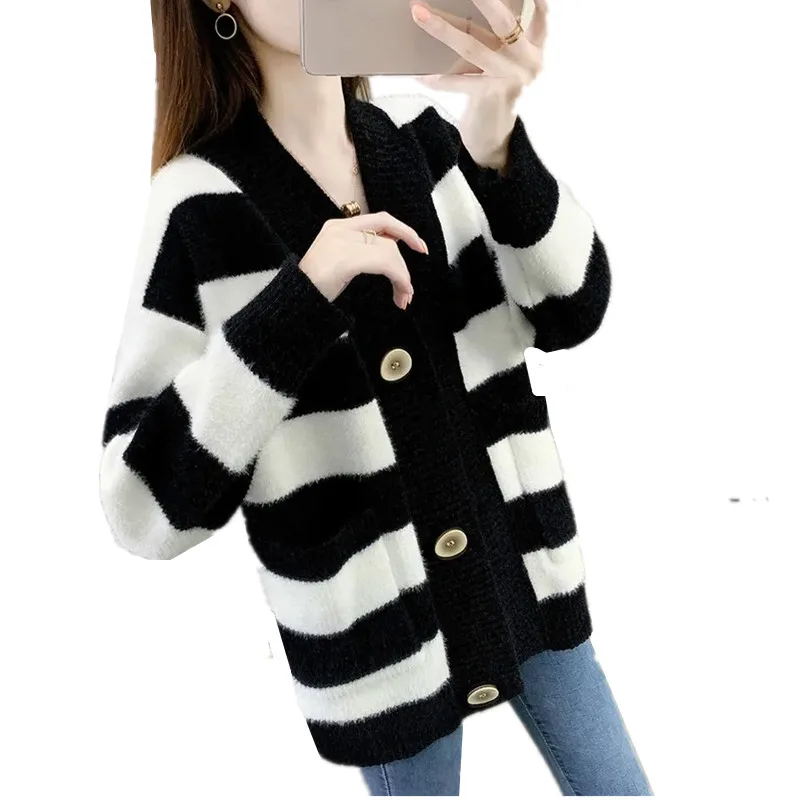 

Autumn Winter New Women Knitted Cardigan Sweater Fashion V-Neck Stripe Color Matching Tops Female Casual Loose Knitwear B1148