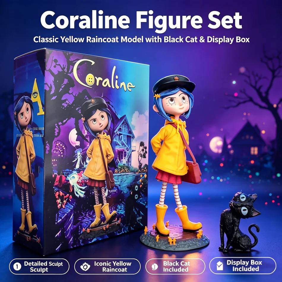 Figurine d’anime de la collection « Coraline », édition « Imperméable », 20 cm, représentant « La porte secrète » et « Le chat noir », modèle en PVC, décoration de bureau, statue, poupée de collection, jouet, cadeau.