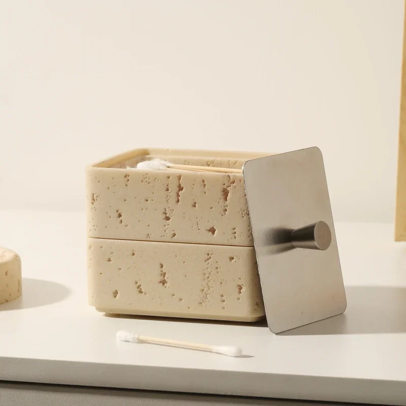 Wabi Sabi Natural Travertine Organizer, 2-in-1 Dental Floss & Toothpick Holder Cream Vanity Desk Decor, Cotton Swab Storage Box