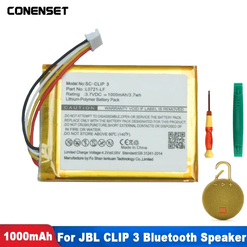 3.7V 1000mAh L0721-LF Replacement Battery For JBL Clip 3 Clip3 Clip 3AN Clip 3SAND Bluetooth Speaker Tools