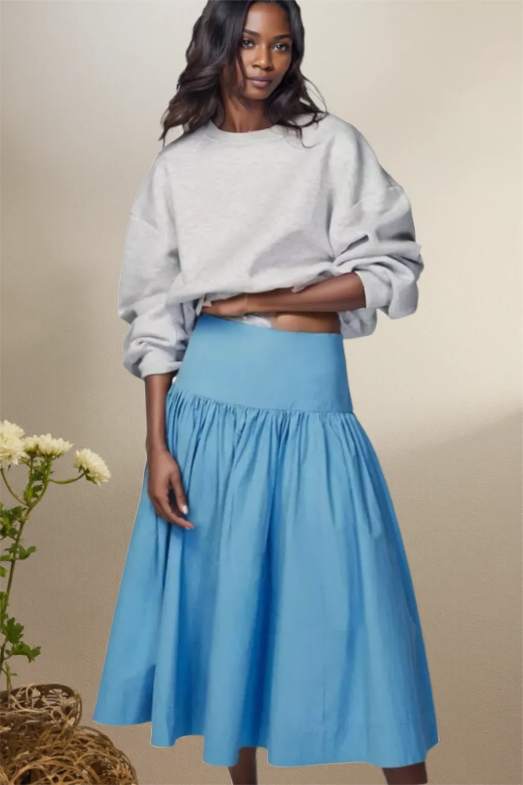 

French Style Blue Casual A- Line Skirt Spring Autumn Women's New Style Ruffled Skirt High Waist Half-length Skirt Polyester Fibe