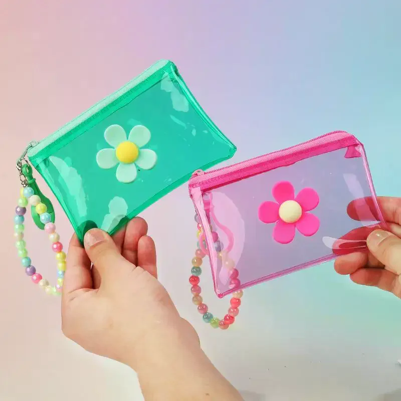 PVC Zipper Small Wallet Portable Flower Bead Chain Coin Purse Colorful Transparent Storage Bag