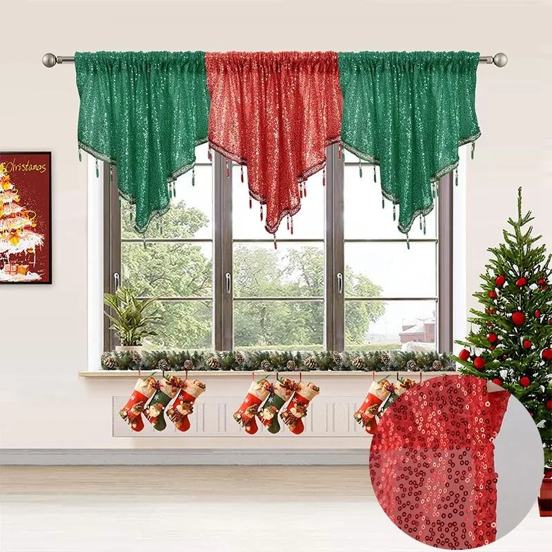 1pcs Creative Sequin Christmas Triangle Valance Curtain Elegant Home Decorative Window Scarf Drape Holiday Party Decor Curtains