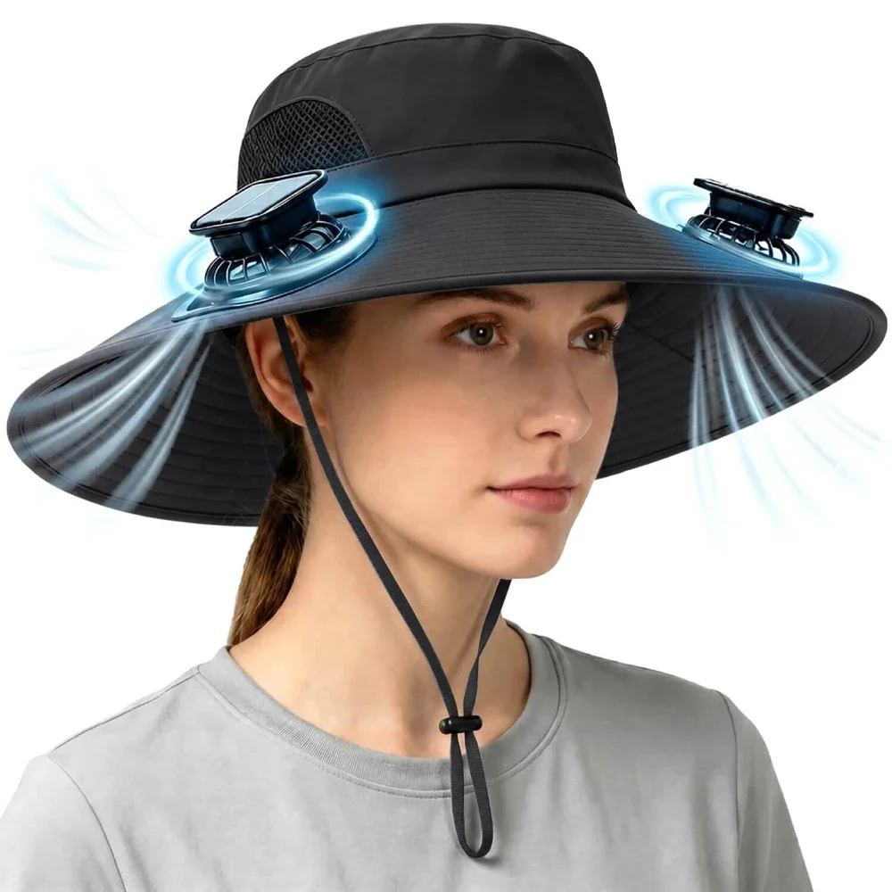 Large Size Quick Dry Bucket Hat Solar Fan with USB Rechargeable Cooling Wide Brim Cap for Fishing Biking