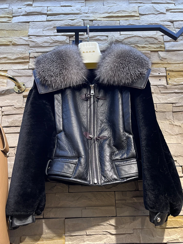 Winter Women Real Natural Fox Fur Collar Merino Sheep Fur Coat Genuine Leather Double-faced Fur Jacket