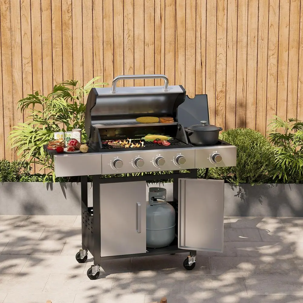 

4Burner Propane Gas Grill with Side Burner, 49000 BTU Outdoor Stainless Steel Grill, Cast Iron Cooking Grates amp Side Tables,