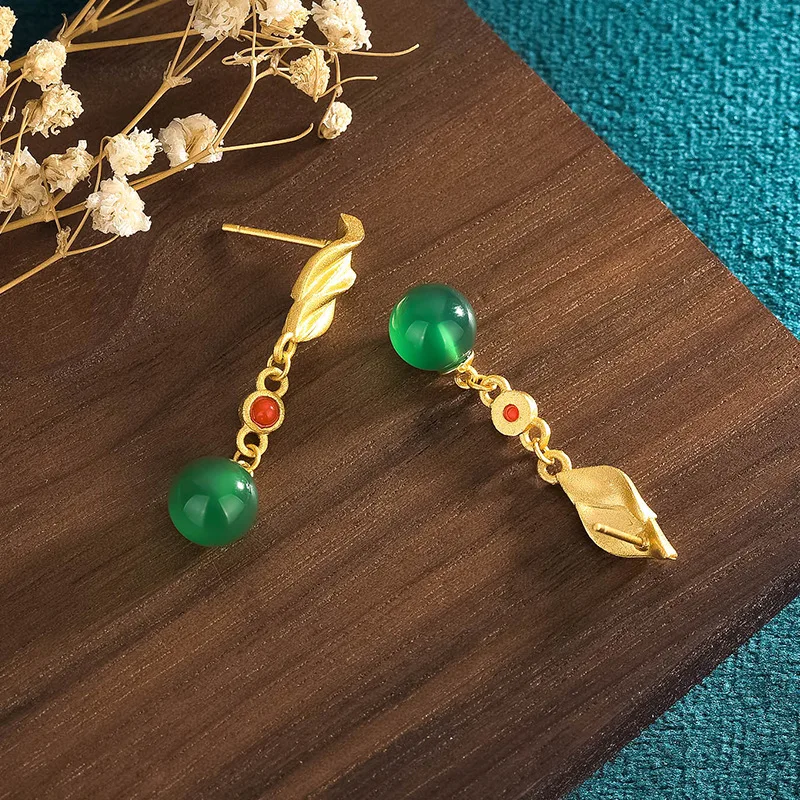 New Design Chinese Style Ancient Method to Create Gold Color Long Imitation Jade Earrings for Women Fashion Party Jewelry