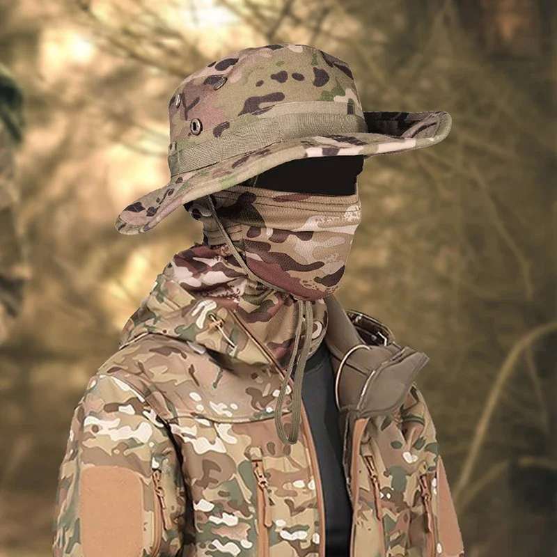 Camouflage Boonie Cap Face Mask Set Men Mountaineering Hunting Camping Balaclava Hat Suit Wide Brimmed Sports Fishing Hat